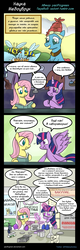Size: 1100x3440 | Tagged: safe, artist:pacificgreen, edit, fluttershy, meadowbrook, twilight sparkle, alicorn, bee, earth pony, flash bee, insect, pegasus, pony, a health of information, g4, biohazard, box, clothes, comic, cute, cyrillic, danger, dialogue, erlenmeyer flask, flask, lab coat, laboratory, magic, meadowbrook's home, microscope, petri dish, refrigerator, russian, science, scientist, shyabetes, speech bubble, telekinesis, that pony sure does love science, this will end in science, translation, twiabetes, twilight sparkle (alicorn)