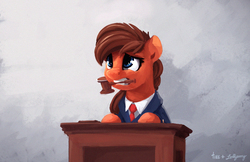 Size: 2305x1492 | Tagged: safe, artist:lollipony, artist:thefloatingtree, oc, oc only, pony, abstract background, clothes, collaboration, courtroom, female, gavel, judge, mare, mouth hold, necktie, scared, solo, suit