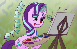 Size: 1024x661 | Tagged: safe, artist:cadetredshirt, starlight glimmer, pony, unicorn, g4, abstract background, concentrating, creation, dirty, easel, female, magic, mare, paint, paintbrush, painting, palette, solo, telekinesis, tongue out