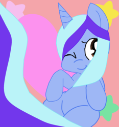 Size: 1246x1338 | Tagged: safe, artist:dewysartpage, oc, oc only, pony, unicorn, base used, on back, one eye closed, simple background, smiling, stars, wink