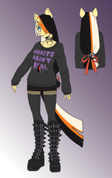 Size: 1616x2550 | Tagged: safe, artist:krowzivitch, oc, oc only, oc:golden age, anthro, anthro oc, boots, clothes, goth, gradient background, hair tie, jewelry, reference sheet, shoes, socks, solo, sweater