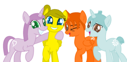 Size: 1190x584 | Tagged: safe, artist:katie-the-cat1, pony, chunk, looking at you, mr. squiggles, num nums, one eye closed, open mouth, pipsqueak (the zhuzhus), ponified, smiling, the zhuzhus, wink