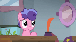 Size: 960x540 | Tagged: safe, screencap, angel bunny, berry blend, berry bliss, citrine spark, fire quacker, earth pony, pony, unicorn, g4, school daze, animated, background pony, classroom, desk, friendship student, gif, inkwell, jumping, mirror, quill pen, raised hoof, school of friendship, smiling