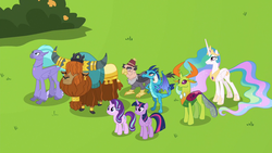 Size: 1280x720 | Tagged: safe, screencap, grampa gruff, prince rutherford, princess celestia, princess ember, seaspray, starlight glimmer, thorax, twilight sparkle, alicorn, changedling, changeling, classical hippogriff, dragon, griffon, hippogriff, pony, unicorn, yak, g4, school daze, blind eye, bush, changeling king, cloven hooves, crown, dragoness, ear piercing, earring, ethereal mane, eye scar, female, fez, hat, horn, horn ring, jewelry, king thorax, looking up, male, mare, meadow, necklace, piercing, regalia, scar, smiling, twilight sparkle (alicorn)
