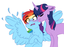 Size: 867x634 | Tagged: safe, artist:saphi-boo, rainbow dash, twilight sparkle, pegasus, pony, unicorn, g4, blushing, curved horn, female, horn, lesbian, licking, mare, ship:twidash, shipping, simple background, surprised, tongue out, transparent background, unicorn twilight, wings