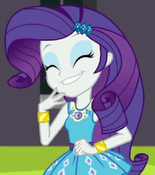 Size: 498x562 | Tagged: safe, screencap, rarity, equestria girls, g4, my little pony equestria girls: better together, text support, text support: rarity, animated, bracelet, clothes, cropped, cute, dress, eyes closed, female, geode of shielding, giggling, grin, jewelry, magical geodes, raribetes, rarity peplum dress, smiling, solo