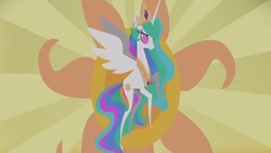 Size: 640x360 | Tagged: safe, screencap, princess celestia, alicorn, pony, g4, my little pony: the movie, alternate design, catasterism, female, flying, mare, pointy ponies, solo, sun