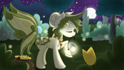Size: 1024x576 | Tagged: safe, artist:cadetredshirt, oc, oc only, oc:lucky coins, original species, pony, closed species, faering, faering pony, forest, moon, night, solo