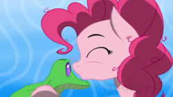 Size: 2560x1440 | Tagged: safe, artist:cadetredshirt, gummy, pinkie pie, g4, duo, forehead kiss, happy, kissing, simple background