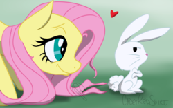 Size: 2300x1440 | Tagged: safe, artist:cadetredshirt, angel bunny, fluttershy, pegasus, pony, rabbit, g4, crossed arms, cute, pet, shyabetes, smiling, tsundere