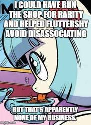 Size: 309x425 | Tagged: safe, idw, coco pommel, earth pony, pony, fake it 'til you make it, friendship is magic #64, g4, bomb ass tea, caption, drinking, female, image macro, lapping, mare, meme, op is wrong, solo, tongue out