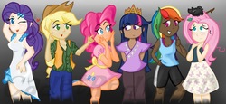 Size: 1300x600 | Tagged: safe, artist:cadetredshirt, applejack, fluttershy, pinkie pie, rainbow dash, rarity, twilight sparkle, alicorn, human, equestria girls, g4, dark skin, diversity, humane five, humane six, humanized, mane six, twilight sparkle (alicorn)