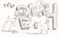 Size: 2444x1547 | Tagged: safe, artist:lost marbles, paprika (tfh), pom (tfh), alpaca, them's fightin' herds, community related, fus-ro-dah, pencil drawing, skyrim, the elder scrolls, traditional art