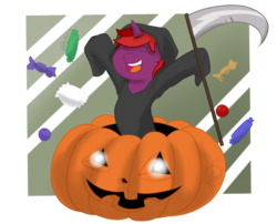 Size: 1024x827 | Tagged: safe, artist:cadetredshirt, oc, oc only, oc:quillo manar, pony, unicorn, commission, cute, grim reaper, halloween, halloween costume, holiday, jack-o-lantern, pumpkin, simple background, solo, transparent background, ych result