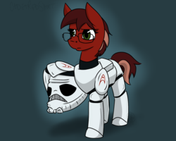 Size: 1800x1440 | Tagged: safe, artist:cadetredshirt, oc, oc:cadetpone, earth pony, pony, alternate hairstyle, armor, clothes, costume, crossover, cutie mark, female, frown, glasses, mare, may the forth, short hair, short tail, solo, star wars, stormtrooper