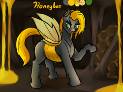 Size: 4689x3516 | Tagged: safe, artist:ampderg, oc, oc only, oc:honeybee, changeling, changeling queen, changeling queen oc, fangs, female, food, honey, reference sheet, solo, tail wrap, yellow changeling