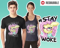 Size: 2480x2000 | Tagged: safe, artist:partypievt, fluttershy, human, pegasus, pony, fake it 'til you make it, g4, advertisement, clothes, design, female, glasses, group, hashtag, hat, high res, hipster, hipster glasses, hipstershy, male, redbubble, scarf, shameless advertising, shirt, shirt design, sticker, tank top, text, woke