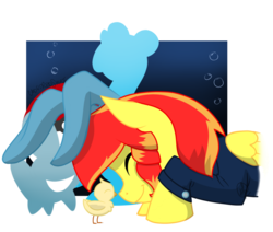 Size: 1024x869 | Tagged: safe, artist:cadetredshirt, oc, oc only, oc:jessica pedley, chicken, lapras, mudkip, pegasus, pony, bunny ears, clothes, commission, crossover, happy, nuzzling, pokémon, simple background, smiling, solo, transparent background, ych result
