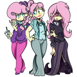 Size: 1024x1024 | Tagged: safe, artist:befishproductions, fluttershy, equestria girls, fake it 'til you make it, g4, cellphone, clothes, coffee, dress, ear piercing, earring, eyeshadow, fluttergoth, hair over one eye, hat, hipstershy, jewelry, lipstick, makeup, multeity, phone, piercing, severeshy, simple background, so much flutter, transparent background, triality, trio