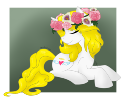 Size: 1024x813 | Tagged: safe, artist:cadetredshirt, oc, oc only, oc:angel wings, pony, commission, eyes closed, floral head wreath, flower, flower in hair, simple background, smiling, solo