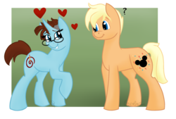 Size: 1024x694 | Tagged: safe, artist:cadetredshirt, oc, oc only, oc:acracebest, oc:toodles, acracebest, clueless, disney, female, glasses, heart, looking at each other, male, oc x oc, romance, shipping, simple background, straight