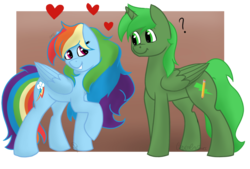 Size: 1024x694 | Tagged: safe, artist:cadetredshirt, rainbow dash, oc, oc:green thunder, pegasus, pony, g4, alternate hairstyle, blushing, canon x oc, clueless, female, greendash, happy, heart, long mane, male, never doubt blaa6 involvement, romance, simple background, smiling, straight, teeth