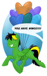 Size: 1024x1630 | Tagged: safe, artist:cadetredshirt, oc, oc:traveling arrow, pegasus, pony, balloon, comedy, floating, happy, heart, heart balloon, simple background, speech, teeth, text, transparent background, ych result