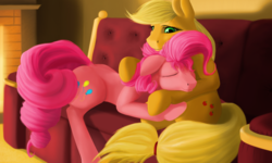 Size: 2000x1200 | Tagged: safe, artist:boomythemc, applejack, pinkie pie, earth pony, pony, g4, commission, couch, cutie mark, female, holding, hug, lesbian, lying down, mare, ship:applepie, shipping, sitting, smiling, tired