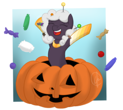 Size: 1024x921 | Tagged: safe, artist:cadetredshirt, oc, oc only, oc:sweet bowl, pony, candy, food, halloween, holiday, jack-o-lantern, pumpkin, simple background, solo, transparent background, ych result