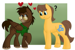 Size: 1024x694 | Tagged: safe, artist:cadetredshirt, caramel, oc, oc:bumper, earth pony, pegasus, pony, g4, canon x oc, clothes, clueless, duo, gay, glasses, heart, looking at each other, male, raised hoof, romance, shirt, simple background, transparent background, unshorn fetlocks, ych result