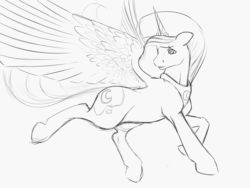 Size: 4000x3000 | Tagged: safe, artist:boomythemc, princess luna, alicorn, pony, g4, cutie mark, female, grayscale, jewelry, large wings, looking back, mare, monochrome, regalia, simple background, sketch, solo, spread wings, white background, wings, wip