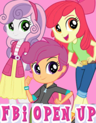 Size: 710x907 | Tagged: safe, apple bloom, scootaloo, sweetie belle, human, equestria girls, g4, adorabloom, caption, cute, cutealoo, cutie mark crusaders, diasweetes, expand dong, exploitable meme, fbi, fbi open up, female, image macro, looking at you, meme, open mouth, smiling, trio, trio female