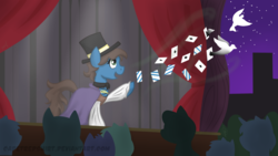 Size: 2560x1440 | Tagged: safe, artist:cadetredshirt, oc, oc:chance tarot, dove, earth pony, pony, city, clothes, crowd, curtains, happy, hat, magic, performance, playing card, show, stage, top hat