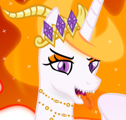 Size: 7100x6769 | Tagged: safe, artist:emu34b, nightmare star, alicorn, pony, g4, absurd resolution, bust, drool, kitchen eyes, mane of fire, mawshot, open mouth, sharp teeth, simple background, solo, teeth, tongue out, transparent background, vector