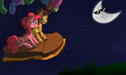 Size: 3000x1800 | Tagged: safe, artist:cadetredshirt, cheese sandwich, pinkie pie, earth pony, pony, g4, balloon, cheese, female, flying, food, grilled cheese, male, moon, ship:cheesepie, shipping, straight