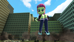 Size: 3020x1698 | Tagged: safe, artist:scalelover, sour sweet, equestria girls, g4, 3d, city, clothes, destruction, female, giantess, macro, people, sitting