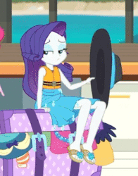 Size: 739x941 | Tagged: safe, screencap, pinkie pie, rarity, equestria girls, equestria girls series, g4, the salty sails, animated, clothes, cropped, cute, dress, feet, female, flip-flops, frown, gif, hat, legs, lidded eyes, needs more jpeg, open mouth, raribetes, rarity's blue sarong, sandals, sarong, smiling, solo focus, sun hat, swimsuit, talking, wide eyes