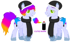 Size: 3000x1840 | Tagged: safe, artist:bloodlover2222, oc, oc only, oc:fake smiler, pegasus, pony, beanie, clothes, hat, heterochromia, male, reference sheet, scarf, simple background, solo, stallion, transparent background, two toned wings