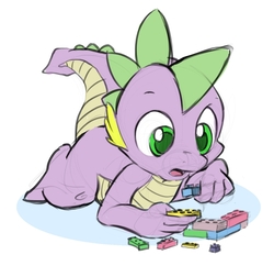 Size: 1273x1234 | Tagged: safe, artist:gsphere, spike, dragon, g4, baby, baby dragon, blocks, colored pupils, colored sketch, cute, green eyes, lego, male, simple background, solo, spikabetes, toy, white background