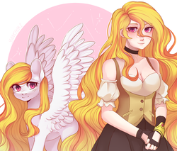 Size: 1550x1320 | Tagged: safe, artist:yanshiki, oc, oc only, oc:storm shield, human, pegasus, pony, blushing, breasts, choker, cleavage, clothes, duo, duo female, female, humanized