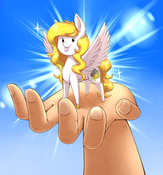 Size: 1839x1975 | Tagged: safe, artist:otakuap, oc, oc only, oc:storm shield, pegasus, pony, :p, cute, disembodied hand, hand, horseshoes, in goliath's palm, silly, solo, tiny, tiny ponies, tongue out