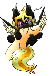 Size: 1188x1769 | Tagged: artist needed, source needed, safe, oc, oc only, oc:armord tempest, changeling, electric changeling, munching, simple background, solo, tiny, transparent background, yellow changeling