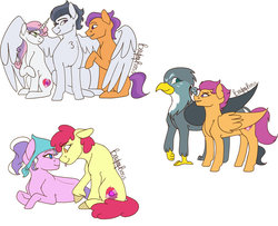 Size: 1024x832 | Tagged: safe, artist:consistingg, apple bloom, diamond tiara, gabby, rumble, scootaloo, sweetie belle, tender taps, griffon, pony, g4, bisexual, female, gabbyloo, gay, hug, lesbian, male, older, older apple bloom, older diamond tiara, older gabby, older rumble, older scootaloo, older sweetie belle, older tender taps, ot3, polyamory, rumbletaps, ship:diamondbloom, ship:rumbelle, shipping, simple background, straight, tenderbelle, tenderrumbelle, white background, winghug