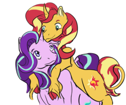 Size: 600x500 | Tagged: safe, artist:cmgm-gem, starlight glimmer, sunset shimmer, pony, unicorn, equestria girls, g4, female, hoers, lesbian, ponies riding ponies, riding, ship:shimmerglimmer, shipping, simple background, sunset shimmer riding starlight glimmer, transparent background, unshorn fetlocks