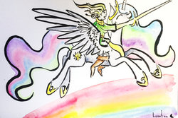 Size: 1024x683 | Tagged: safe, artist:colorsceempainting, princess celestia, g4, flying, humans riding ponies, indianink, rainbow, rider, riding, smiling, sword, traditional art, vraska, watercolor painting, weapon