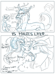 Size: 1280x1733 | Tagged: safe, artist:firimil, discord, sunset shimmer, draconequus, pony, unicorn, g4, biting, black and white cartoon, comic, dialogue, female, male, monochrome, text, that escalated quickly