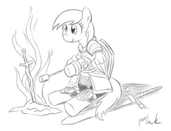 Size: 944x726 | Tagged: safe, artist:flak--k, derpy hooves, pegasus, pony, g4, armor, campfire, dark souls, fantasy class, female, fire, food, grayscale, knight, mare, marshmallow, monochrome, shield, simple background, sitting, smiling, solo, sword, warrior, weapon, white background