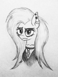 Size: 2448x3264 | Tagged: safe, artist:insanus.ad, fluttershy, ghost, pegasus, pony, fake it 'til you make it, black and white, dark, ear piercing, earring, eyeshadow, female, fluttergoth, goth, grayscale, jewelry, makeup, metal, metalhead, monochrome, necklace, outfit, piercing, solo