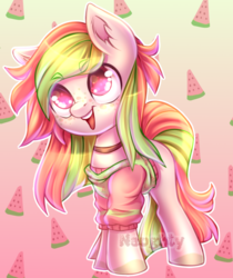 Size: 662x788 | Tagged: safe, artist:cabbage-arts, oc, oc only, earth pony, pony, abstract background, blank flank, clothes, colored hooves, colored pupils, colt, commission, commissioner:l-ostboy, ear fluff, earth pony oc, food, freckles, looking up, male, multicolored hair, multicolored mane, multicolored tail, neckband, open mouth, smiling, solo, standing, watermelon
