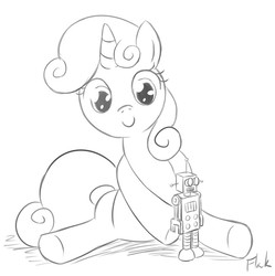 Size: 772x776 | Tagged: safe, artist:flak--k, sweetie belle, pony, robot, unicorn, g4, cute, diasweetes, female, filly, grayscale, monochrome, simple background, sitting, smiling, solo, toy, white background